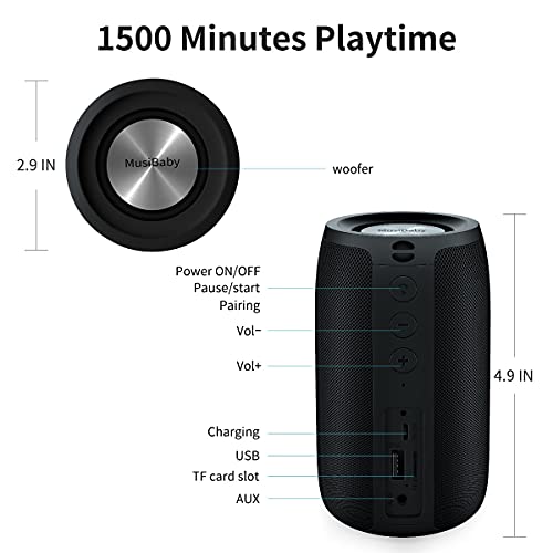 Bluetooth Speakers,MusiBaby Speaker,Outdoor, Portable,Waterproof,Wireless Speaker,Dual Pairing, Bluetooth 5.0,Loud Stereo,Booming Bass,1500 Mins Playtime for Home,Party,Gifts(Black)