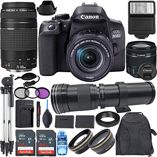 Camera Bundle for Canon 850D / T8i DSLR Camera with 18-55mm f/4-5.6 is STM + 75-300mm f/4-5.6 III + 420-800mm Manual Focus Lens and Accessories Kit (128GB, Travel Charger, Tripod, and More)