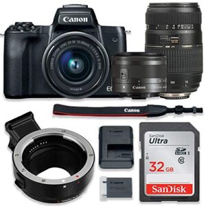 canon eos m50 mirrorless digital camera (black) bundle w/canon ef-m 15-45mm is stm & tamron 70-300mm di ld lenses + auto (ef/ef-s to ef-m) mount adapter + basic camera kit (renewed)