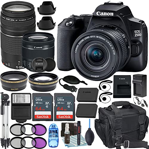 Camera Bundle for Canon EOS 250D / Rebel SL3 with EF-S 18-55mm f/4-5.6 is STM and EF 75-300mm f/4-5.6 III Lens + Accessories Bundle (128GB, 50in Tripod, Extra Battery, and More)