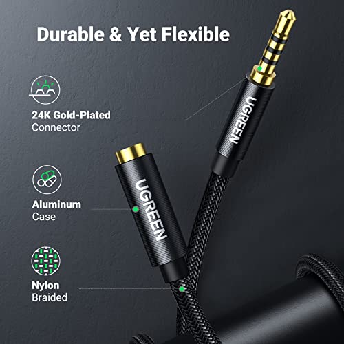 UGREEN Headphone Extension Cable 4 Pole TRRS 3.5mm Extension with Microphone Male to Female Stereo Audio Cable Gold Plated Nylon Braided Compatible with iPhone iPad Smartphones Media Players, 3FT