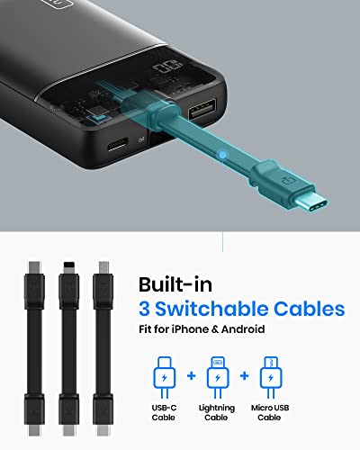 INIU Portable Charger, Adjustable Built-in Cables 10000mAh Power Bank with Tiny Size, Tri-3A High-Speed Battery Pack for iPhone 14 13 12 11 Pro X Samsung S22 S10 Google LG iPad Tablet Airpods etc.