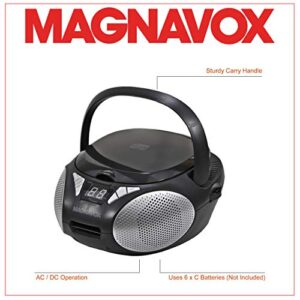 Magnavox MD6924 Portable Top Loading CD Boombox with AM/FM Stereo Radio in Black | CD-R/CD-RW Compatible | LED Display | AUX Port Supported | Programmable CD Player |