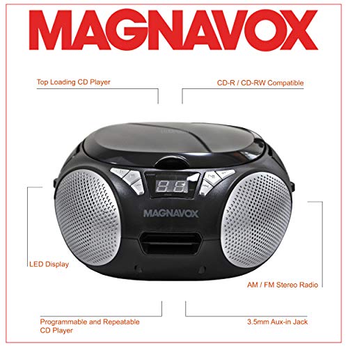 Magnavox MD6924 Portable Top Loading CD Boombox with AM/FM Stereo Radio in Black | CD-R/CD-RW Compatible | LED Display | AUX Port Supported | Programmable CD Player |