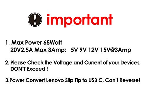 PLUSPOE USB C to Slim Tip Adapter, Convert Lenovo Square Charger to Type C, for Lenovo Thinkpad, Samsung S8/S9/Note, Nintendo Switch, and Any USB C Devices, Max 65watt