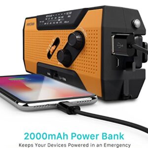 FosPower 2000mAh NOAA Emergency Weather Radio (Model A1) Portable Power Bank with Solar Charging, Hand Crank & Battery Operated, SOS Alarm, AM/FM & LED Flashlight for Outdoor Emergency