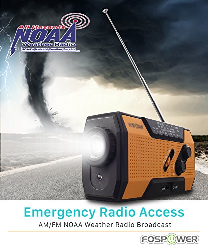 FosPower 2000mAh NOAA Emergency Weather Radio (Model A1) Portable Power Bank with Solar Charging, Hand Crank & Battery Operated, SOS Alarm, AM/FM & LED Flashlight for Outdoor Emergency