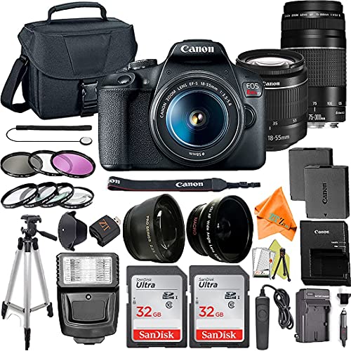 Canon EOS Rebel T7 DSLR Camera Bundle with EF-S 18-55mm + Canon EF 75-300mm f/4-5.6 III Lens + ZeeTech Accessory Bundle + 2 Pack SanDisk 32GB Memory Card + Filter Kit + Flash + Tripod (Renewed)