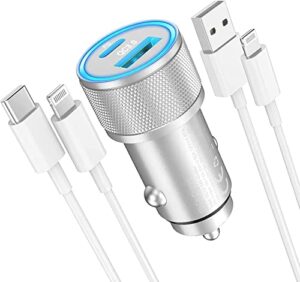 iphone car charger, [apple mfi certified] 38w fast car charger iphone usb c car charger dual port cigarette lighter adapter with 2pack lightning cable for apple iphone 14 13 12 11 xs xr x 8 7, ipad