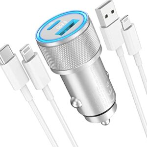 iPhone Car Charger, [Apple MFI Certified] 38W Fast Car Charger iPhone USB C Car Charger Dual Port Cigarette Lighter Adapter with 2Pack Lightning Cable for Apple iPhone 14 13 12 11 XS XR X 8 7, iPad