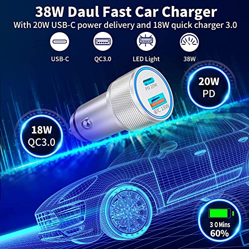 iPhone Car Charger, [Apple MFI Certified] 38W Fast Car Charger iPhone USB C Car Charger Dual Port Cigarette Lighter Adapter with 2Pack Lightning Cable for Apple iPhone 14 13 12 11 XS XR X 8 7, iPad