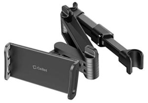 cellet dual adjustable phone holder & tablet mount for car back seat headrest compatible with apple ipad, air, pro, mini, iphone 14 pro max plus 13 samsung galaxy, google pixel, moto