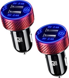 【2pack】 usb car charger, dual usb port car charger adapter, 5v/4.8a charge car phone charger with blue led & touch switch fit for iphone 13/12 pro/max/8, galaxy s21/20/10/9 (red)