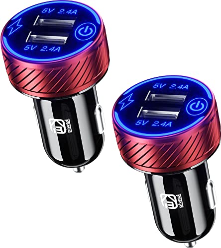 【2Pack】 USB Car Charger, Dual USB Port Car Charger Adapter, 5V/4.8A Charge Car Phone Charger with Blue LED & Touch Switch Fit for iPhone 13/12 Pro/Max/8, Galaxy S21/20/10/9 (Red)