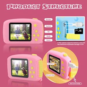 Portable Children Digital Camera Pink Kid Camera 12MP 32G 2.0-Inch HD Color Screen Toy for Child Gift