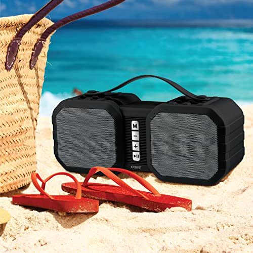 Coby Ranger Rugged Bluetooth 5.0 Indoor Outdoor Speaker - Music and Call Controls - USB, TF Card, 3.5mm AUX Input - HD Audio & True Wireless Stereo - 7 Hour Battery Life - Carry Strap - Phone Stand