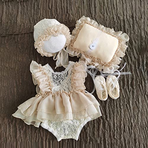 Yuehuam Newborn Photography Prop Girl Outfits Baby Lace Romper Hat Pillow Shoes Set Infant Photoshoot Skirt Clothes