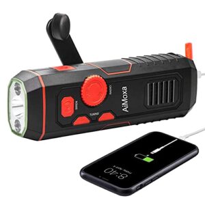 aimoxa portable emergency radio 【6.1″ x 1.9″ x 1.3″】, high lumens hand crank flashlight with weather radio, power bank for iphone/smart phone, sos alarm for home, outdoor, emergency kit