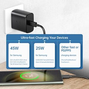 for Samsung Super Fast Charger USB Type C 45W Charging Block PD PPS for Samsung Galaxy S23 S22 Ultra Plus S20 Note 10 Tab S8 Ultra Plus S7 Fe S21 A53 A52 Z Fold Flip 3 5G 6.6ft 100W USB-C Cable Black