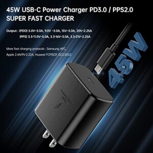 for Samsung Super Fast Charger USB Type C 45W Charging Block PD PPS for Samsung Galaxy S23 S22 Ultra Plus S20 Note 10 Tab S8 Ultra Plus S7 Fe S21 A53 A52 Z Fold Flip 3 5G 6.6ft 100W USB-C Cable Black