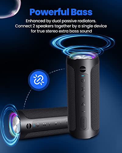 AUKTECH Bluetooth Speakers - Portable Speakers Bluetooth Wireless(100ft), 24W Loud Stereo Sound, Led Lights, 20H Playtime, IPX7 Waterproof Speaker for Outdoor, Home, Party, Beach, Shower