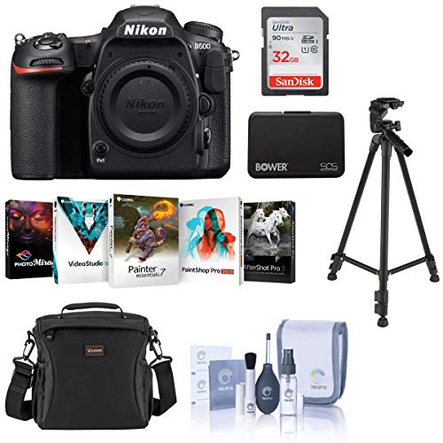 Nikon D500 DX-Format DSLR Body - Bundle with 32GB SDHC Card, Holster Bag, Tripod, Memory Wallet, Cleaning Kit, Pc Software Package