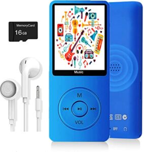 mp3 player, music player with 16gb micro sd card, build-in speaker/photo/video play/fm radio/voice recorder/e-book reader, supports up to 128gb