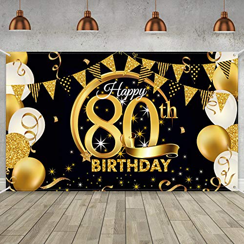 Birthday Party Decoration Extra Large Fabric Black Gold Sign Poster for Anniversary Photo Booth Backdrop Background Banner, Birthday Party Supplies, 72.8 x 43.3 Inch (80th)