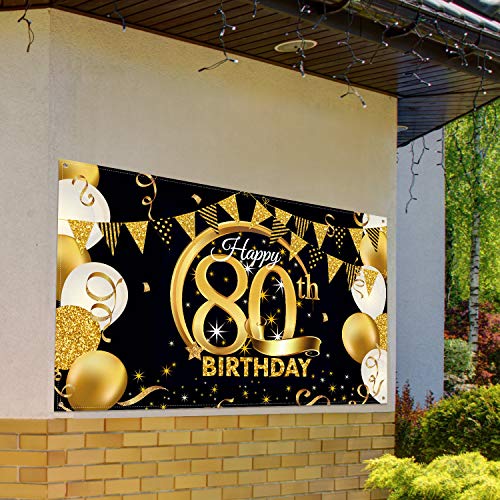 Birthday Party Decoration Extra Large Fabric Black Gold Sign Poster for Anniversary Photo Booth Backdrop Background Banner, Birthday Party Supplies, 72.8 x 43.3 Inch (80th)