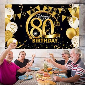 Birthday Party Decoration Extra Large Fabric Black Gold Sign Poster for Anniversary Photo Booth Backdrop Background Banner, Birthday Party Supplies, 72.8 x 43.3 Inch (80th)