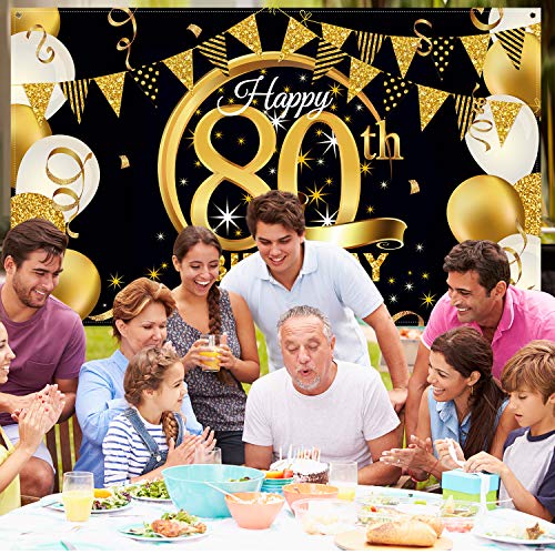 Birthday Party Decoration Extra Large Fabric Black Gold Sign Poster for Anniversary Photo Booth Backdrop Background Banner, Birthday Party Supplies, 72.8 x 43.3 Inch (80th)