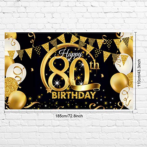 Birthday Party Decoration Extra Large Fabric Black Gold Sign Poster for Anniversary Photo Booth Backdrop Background Banner, Birthday Party Supplies, 72.8 x 43.3 Inch (80th)