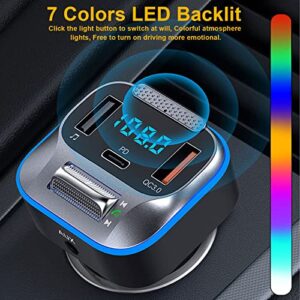 Bluetooth Adapter Car, 2023 Stronger Hi-Fi Bass Sound, Wireless Bluetooth FM Radio Adapter, Handsfree Call,30W PD&QC3.0 Fast Charging, 7 Colors LED, Support AUX Output and U Disk Bluetooth Transmitter
