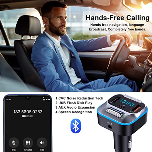 Bluetooth Adapter Car, 2023 Stronger Hi-Fi Bass Sound, Wireless Bluetooth FM Radio Adapter, Handsfree Call,30W PD&QC3.0 Fast Charging, 7 Colors LED, Support AUX Output and U Disk Bluetooth Transmitter