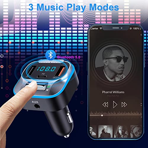 Bluetooth Adapter Car, 2023 Stronger Hi-Fi Bass Sound, Wireless Bluetooth FM Radio Adapter, Handsfree Call,30W PD&QC3.0 Fast Charging, 7 Colors LED, Support AUX Output and U Disk Bluetooth Transmitter