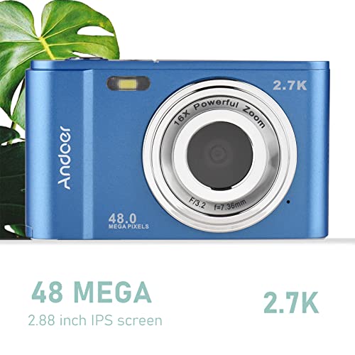 Andoer Portable Digital Camera 48MP 2.7K 2.88-inch IPS Screen 16X Zoom Auto Focus Self-Timer 128GB Extended Memory Face Detection Anti-Shaking with 2pcs Batteries Hand Strap Carry Pouch