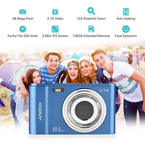 Andoer Portable Digital Camera 48MP 2.7K 2.88-inch IPS Screen 16X Zoom Auto Focus Self-Timer 128GB Extended Memory Face Detection Anti-Shaking with 2pcs Batteries Hand Strap Carry Pouch