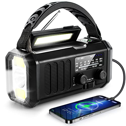 10000mAh Solar Radio, Crank Radio, Emergency Radio, NOAA/AM/FM Weather Radio, USB Type-C Charging,Dynamo Radio,Polymer Battery,Torch & LED Reading Light, SOS Alarm,Compass for Camping