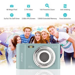 Andoer Portable Digital Camera 48MP 2.7K 2.88-inch IPS Screen 16X Zoom Auto Focus Self-Timer 128GB Extended Memory Face Detection Anti-Shaking with 2pcs Batteries Hand Strap Carry Pouch