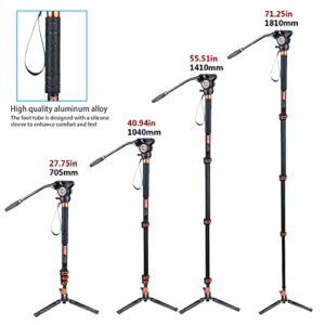 Cayer FP34 Monopod with Feet, 71 inch Aluminum Telescopic Camera Monopod with Fluid Head and 3-Leg Tripod Base for DSLR Video Cameras Camcorders, Supporting up to 13.2lbs