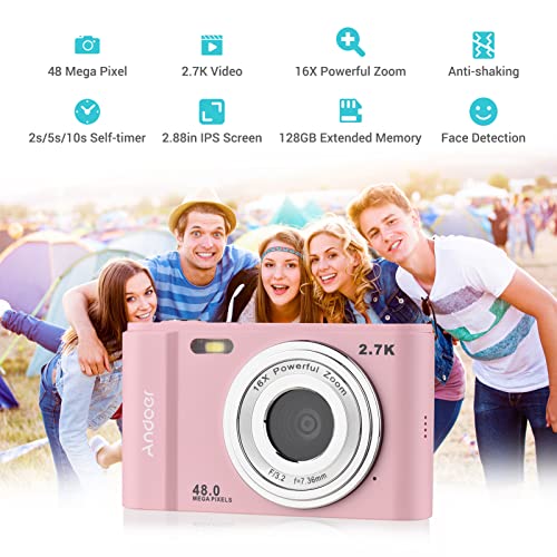 Andoer Portable Digital Camera 48MP 2.7K 2.88-inch IPS Screen 16X Zoom Auto Focus Self-Timer 128GB Extended Memory Face Detection Anti-Shaking with 2pcs Batteries Hand Strap Carry Pouch