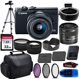 canon eos m100 mirrorless digital camera (black) & 15-45mm stm lens w/eos m mount adapter + 32gb transcend memory card, shoulder bag & essential accessory bundle (renewed)