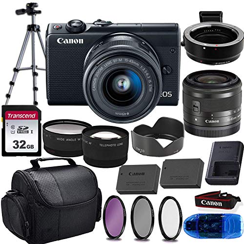 Canon EOS M100 Mirrorless Digital Camera (Black) & 15-45mm STM Lens w/EOS M Mount Adapter + 32GB Transcend Memory Card, Shoulder Bag & Essential Accessory Bundle (Renewed)