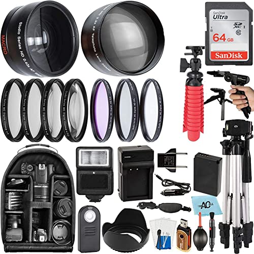 A-Cell 58mm Accessory Bundle for Canon EOS Rebel T7, T6, T5, T3, T100, 4000D, 2000D, 3000D and More with 64GB SanDisk Memory Card, Wide Angle Lens, Telephoto Lens, Tripod, Backpack, SDAB210412