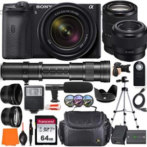 Sony Alpha a6600 Mirrorless Digital Camera with 18-135mm & FE 50mm f/1.8 and 420-800mm Telephoto Lens + Wide-Angle & Telephoto Lens, 64GB Memory Card, Microphone, Digital Flash, Gadget Bag & More