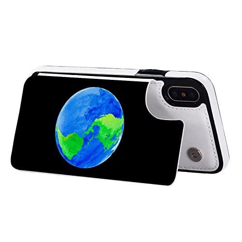 Earth with Watercolor Wallet Phone Cases Fashion Leather Design Protective Shell Shockproof Cover Compatible with iPhone X/XS