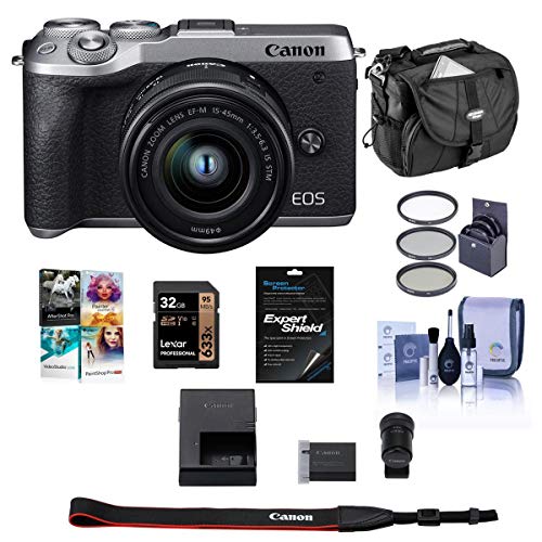 Canon EOS M6 Mark II Mirrorless Camera with EF-M 15-45mm is STM Lens + EVF-DC2 Viewfinder, Silver - Bundle w/ 32GB SDHC Card, 49mm Filter Kit, Camera Case, Cleaning Kit, Screen Protector, PC Software