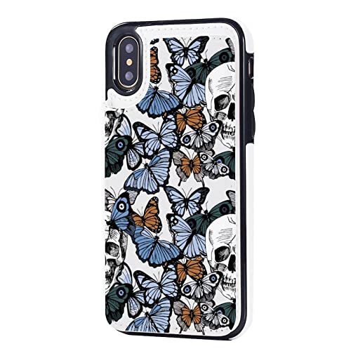 Skull with Butterfly Wallet Phone Cases Fashion Leather Design Protective Shell Shockproof Cover Compatible with iPhone X/XS