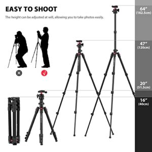 PHOPIK 64" Camera Tripod, Aluminum Camera Tripod for DSLR,Compact Tripod with 360° Panorama Ball Head, Professional Camera Tripod for Travelling, Learning and Working