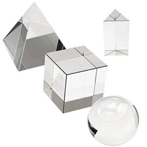 4 pack k9 optical crystal photography prism set, include 55mm crystal ball, 50mm crystal cube, 50mm triangular prism, 60mm optical pyramid with gift box& wipe cloth for teaching, playing, photography